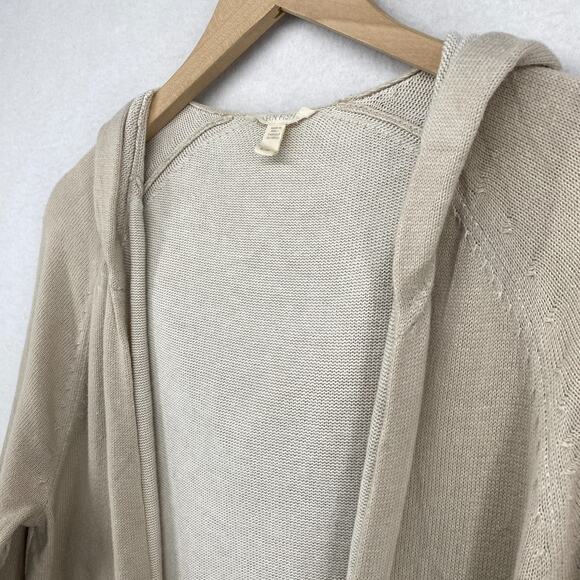 EILEEN FISHER Sweater L Organic Cotton Duster Cardigan Hoodie Open Front Beige - Picture 3 of 11